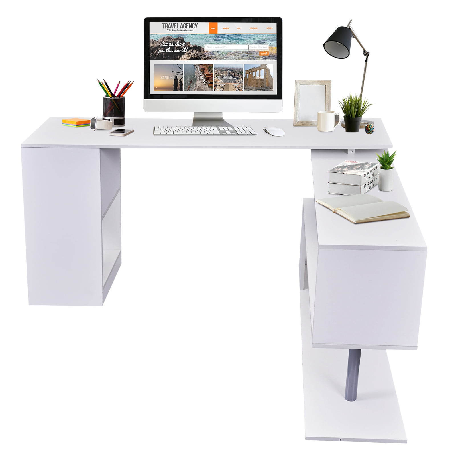 Modern L Shaped Rotating Computer Desk with Shelves Walmart