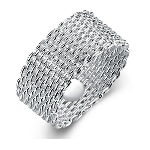 Silver Plated Copper Braided Mesh Ring, Round Shape, European and American Style, Women's Fashion Jewelry