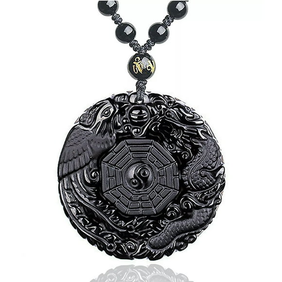 HOOUN Obsidian Dragon and Phoenix Pendant Necklace Yin Yang Pendant Amluet Jewelry