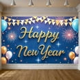 thumbnail image 2 of Gold Lettering Happy New Year Banner Blue Background New Year Banner Firework Design Balloon Decoration Celebration Banner for New Year Party Home Celebration Indoor Decoration, 2 of 9