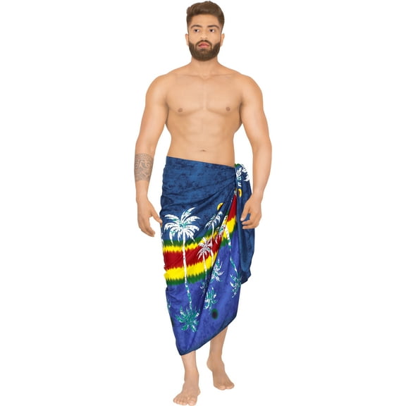 HAPPY BAY Men's Pareo Swim Trunk Vacation Sarong Beach Wrap One Size Denim, Palm Tree Summer Vacation Aloha