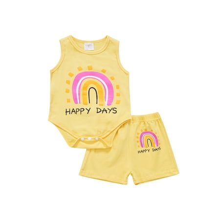 

Sunisery 2Pcs Newborn Infant Baby Boys Girls Clothes Sets Rainbow Romper Tops Shorts Summer Outfits Yellow 6-9 Months