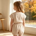 thumbnail image 2 of DAETIROS Girls 2-Piece Cotton Outfit Set Floral Short Sleeve Top & Shorts with Ruffle and Bow Coffee,Size 3-4 T, 2 of 7