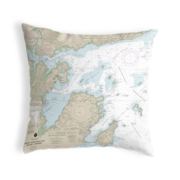 Betsy Drake Interiors Salem, Marblehead and Beverly Harbors, MA Nautical Map Noncorded Indoor/Outdoor Pillow 12x12