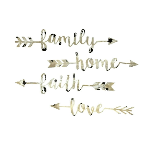 Rustic Metal Wall Art for Bedroom & Living Room - 4-Piece Distressed White Metal Wall Decor -with Love, Faith, Family, Home Word Sign - Ideal Gift for Farmhouse Rustic Style Enthusiasts