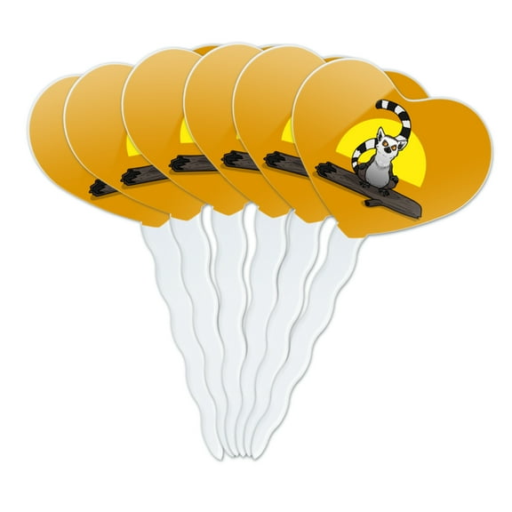 Ring-Tailed Lemur on Log Heart Love Cupcake Picks Toppers Decoration Set of 6