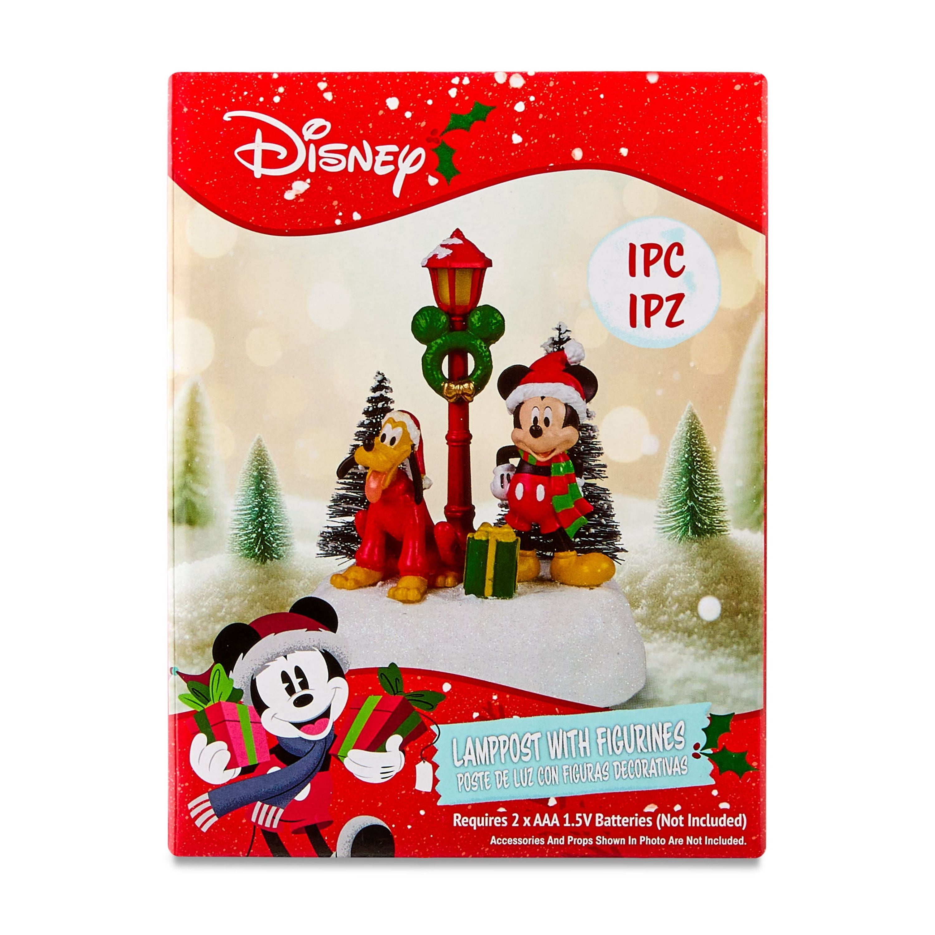 Disney, Light-up Lamppost with Mickey Mouse and Pluto Christmas Village Accessory Collectable Figurine, by Ruz, Red and Green