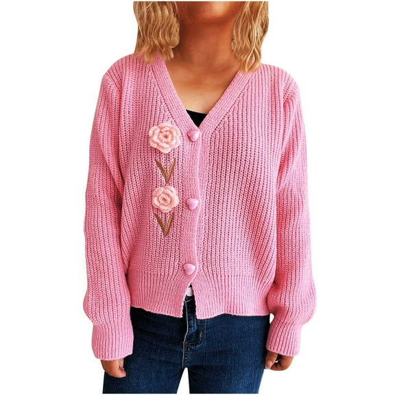 Women's V-neck Long-sleeved Floral Ornament Knitted Sweater Cardigan