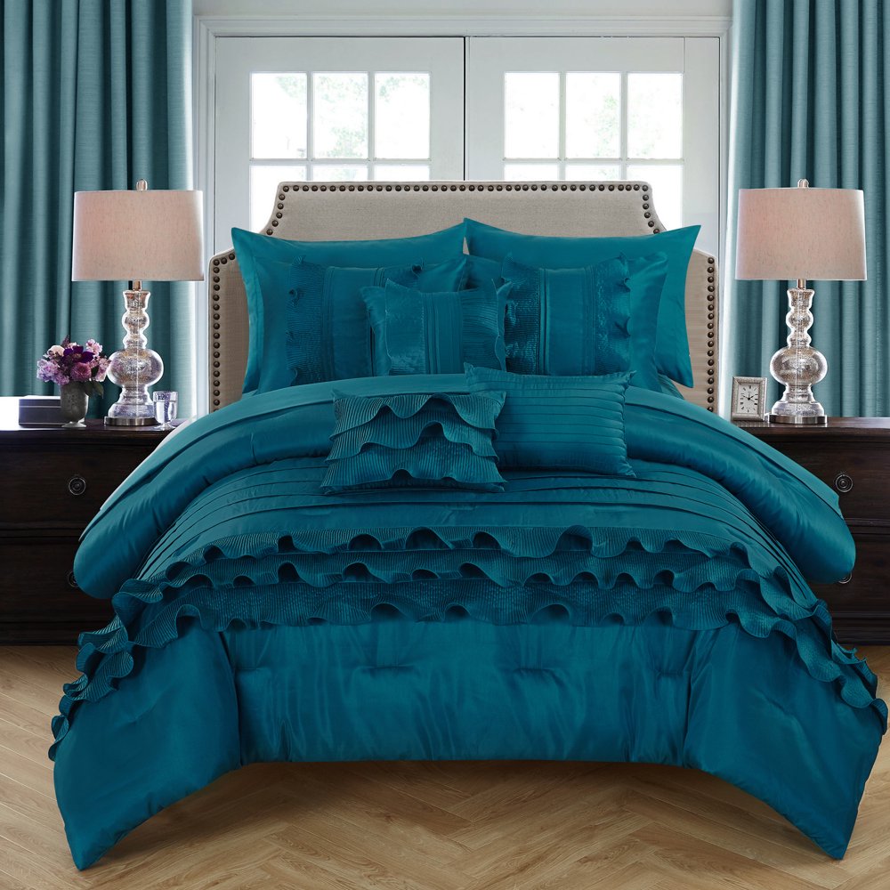 Chic Home 10Piece Samson Rouching Pleated Ruffles Complete Queen Bed In a Bag Comforter Set