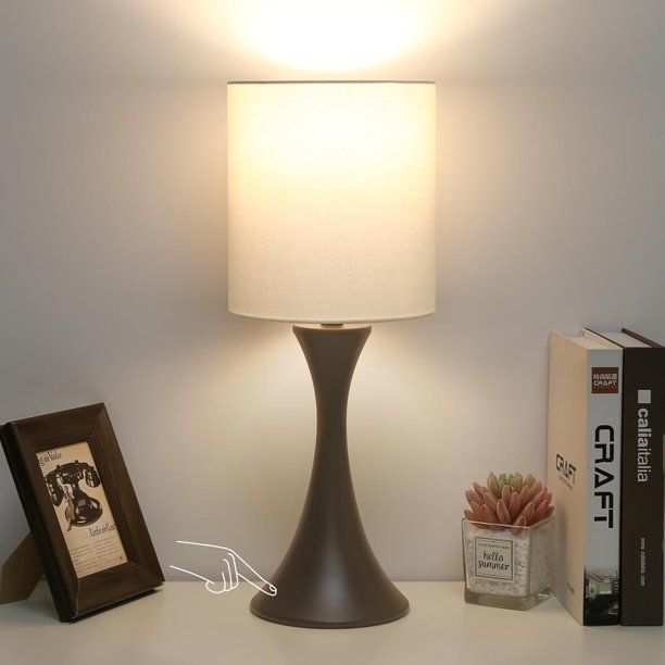 Lámpara de mesa con táctil de 3 vías, lámpara de mesita de noche regulable con base de metal, moderna lámpara de mesita de noche elegante con pantalla gris, lámpara de mesa auxiliar simple