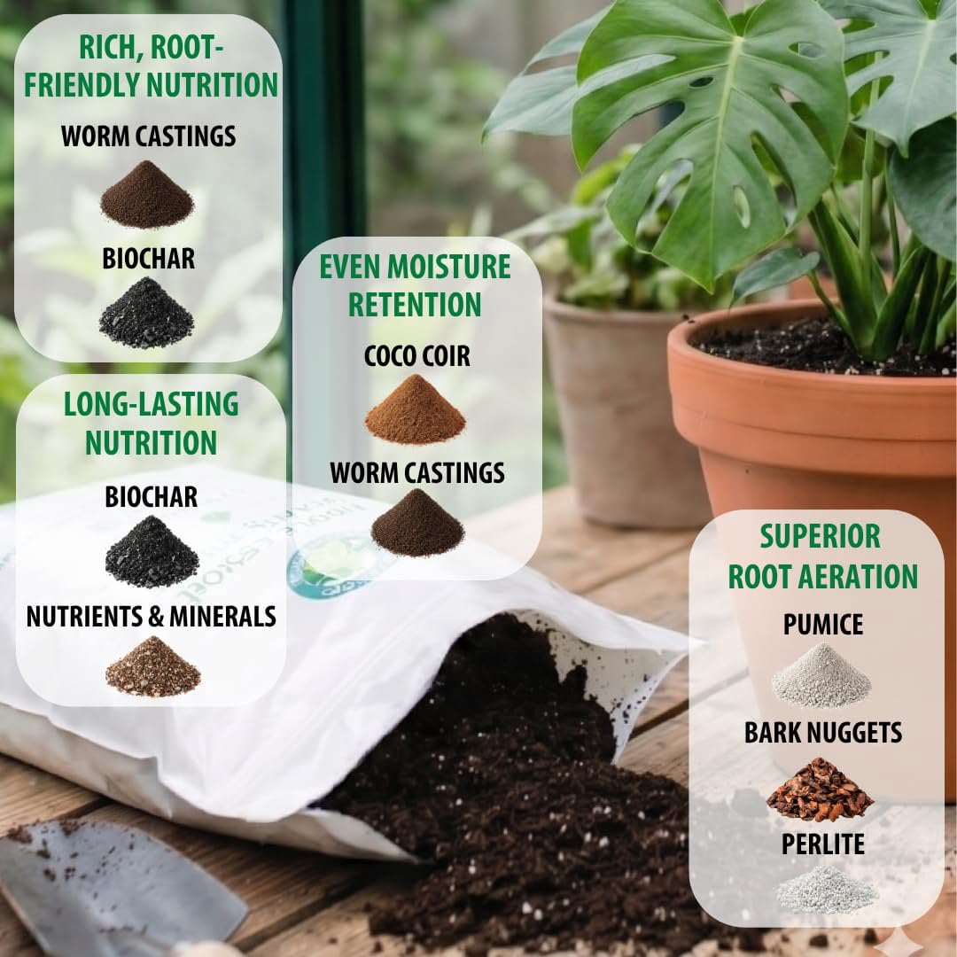 Premium Monstera Potting Soil  Quick Draining, Nutrient Rich Living Aroid Soil for Fast Growth & Healthy Root Aeration  Organic Aged Bark, Coco Coir, Perlite, Worm Castings Large Bag