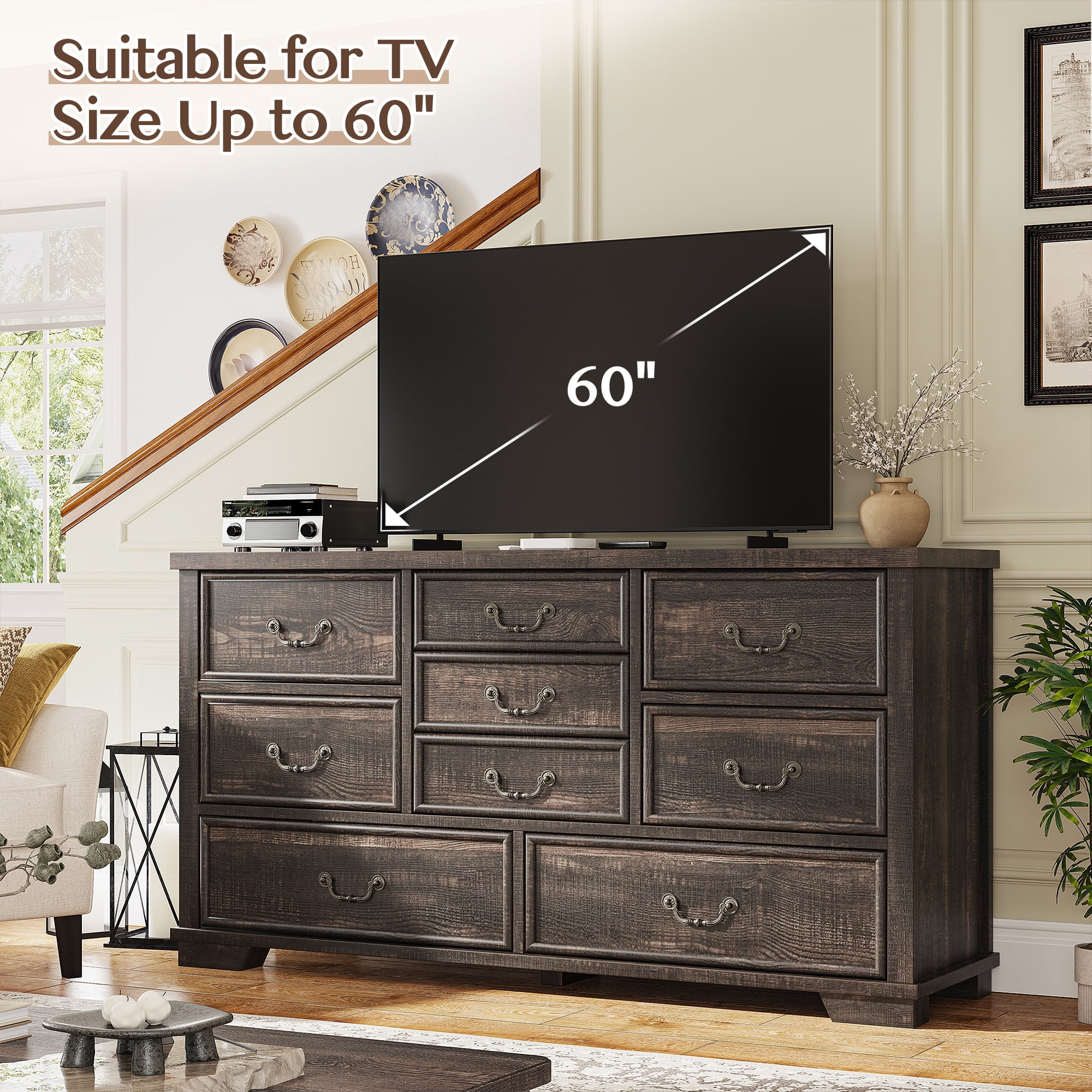 EnHomee 9 Drawers Dressers for Bedroom Wood Dresser&Chest of Drawers,Dark Rustic Oak