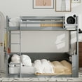 thumbnail image 2 of Queen Over Queen Bunk Bed with Built-in Shelves and Ladder, Wood Twin Bunk Beds with Charging Station and LED Light, Multifunction Floor Bed Frame for Adults, Teens, Grey, 2 of 8