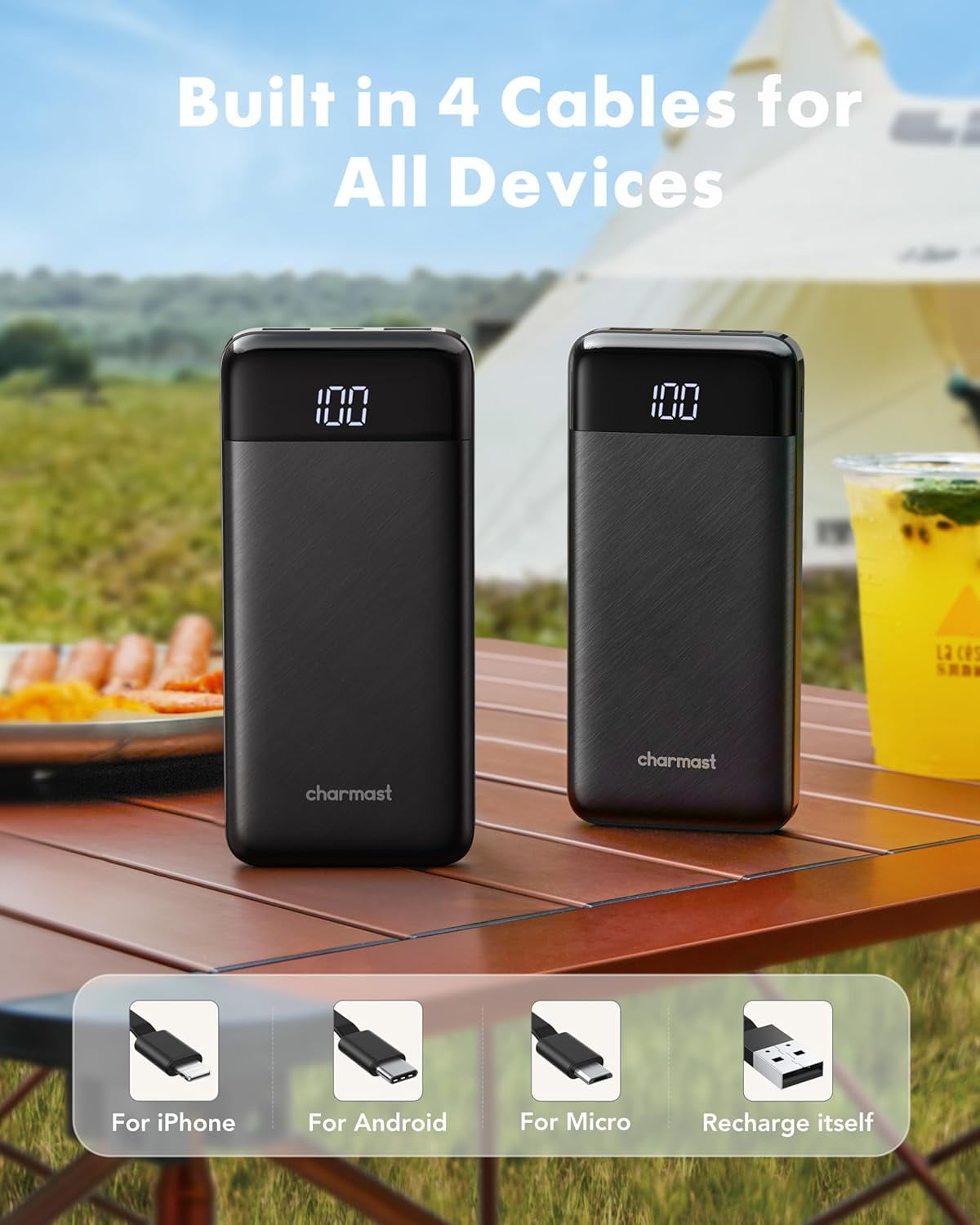 Portable Charger with Built in Cables, Power Bank with Cords Wires, Slim 10000mAh Travel Battery Pack 6 Outputs 3 Inputs 3A Fast Charging for Samsung Google Pixel LG Moto iPhone iPad