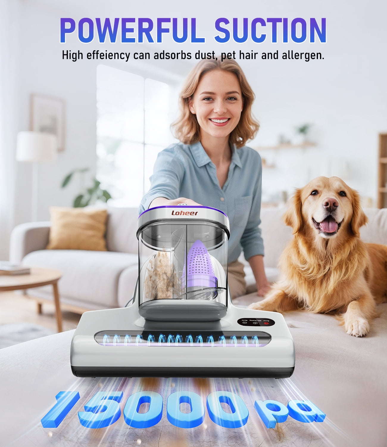 Loheer Mattress Vacuum Cleaner, 15kPa Bed Vacuum Cleaner with 253.7nm UV-C Light, 500W Powerful Handheld Vacuums for Bed, Crib, Pet Hairs, Sofa, Couch, Carpets