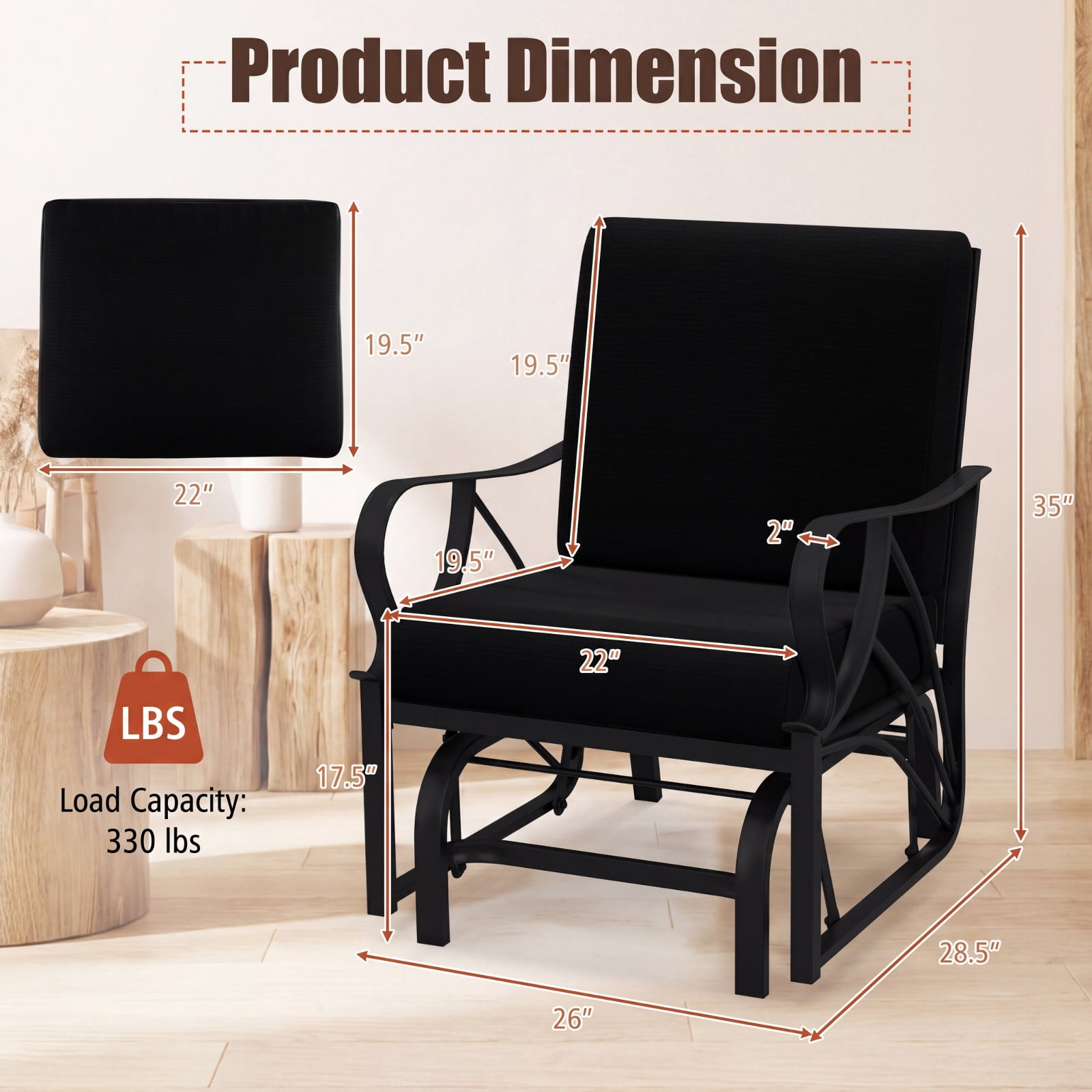 Furnibear Patio Glider Rocking Chair with Thick Cushion Curved Armrests Easy to Clean Metal Frame and Smooth Gliding Motion for Porch, Black
