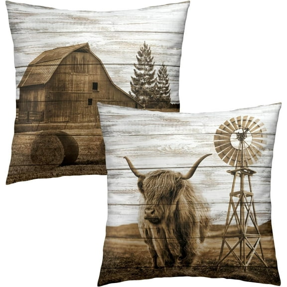 Highland Cow Throw Pillow Covers Inch Set of 2 Rustic Barn Decorative Square Cushion Case for Couch Sofa Bed Bedroom Living Room