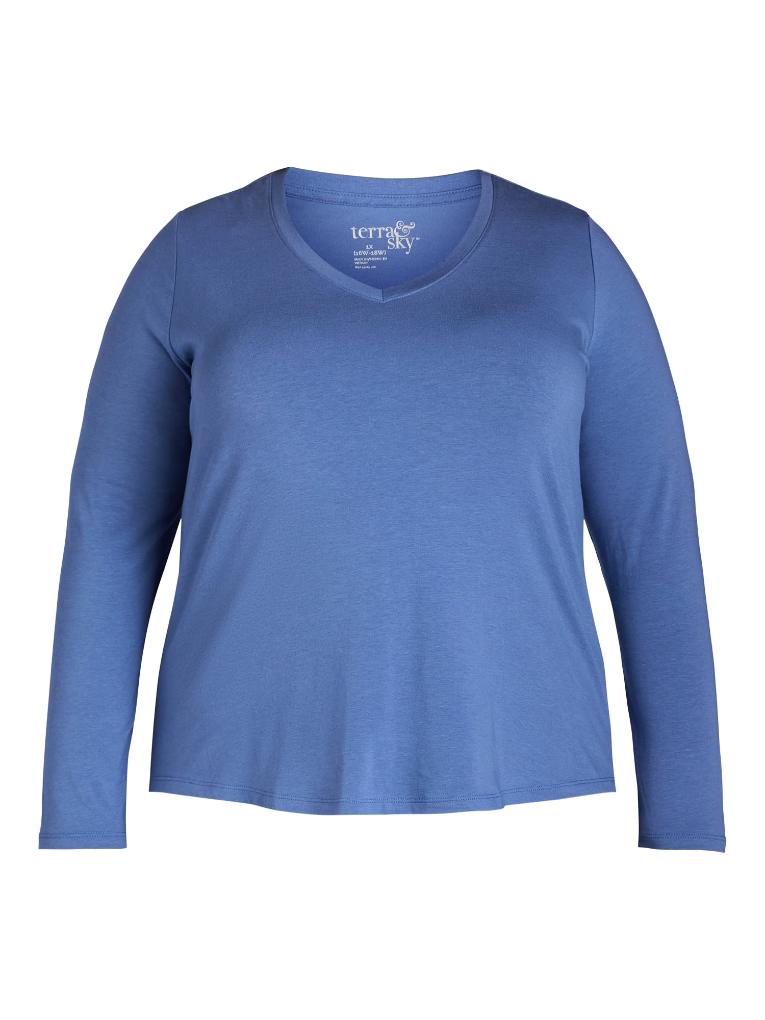 Terra & Sky Women’s Plus V Neck Tee with Long Sleeves, Available in 1 and 3-Packs, Sizes 0X-5X