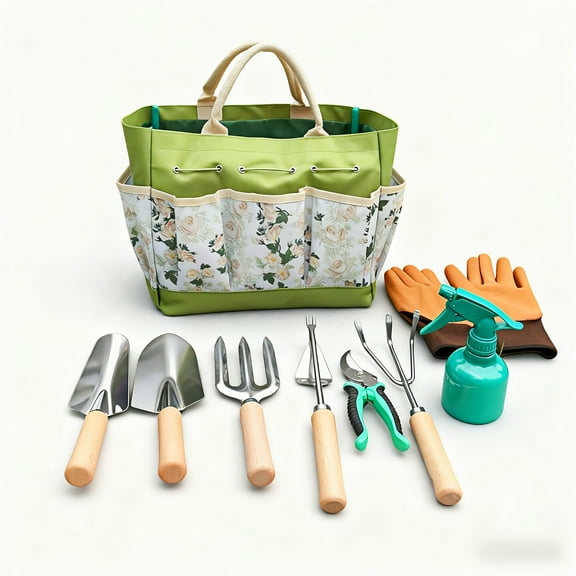 9pcs Heavy Duty Stainless Garden Set with Floral Tote Bag - Complete Gardening Kit with Trowel Spade Weeder Rake Hoe Gloves Spray Bottle for Women Beginners Outdoor Lawn Care