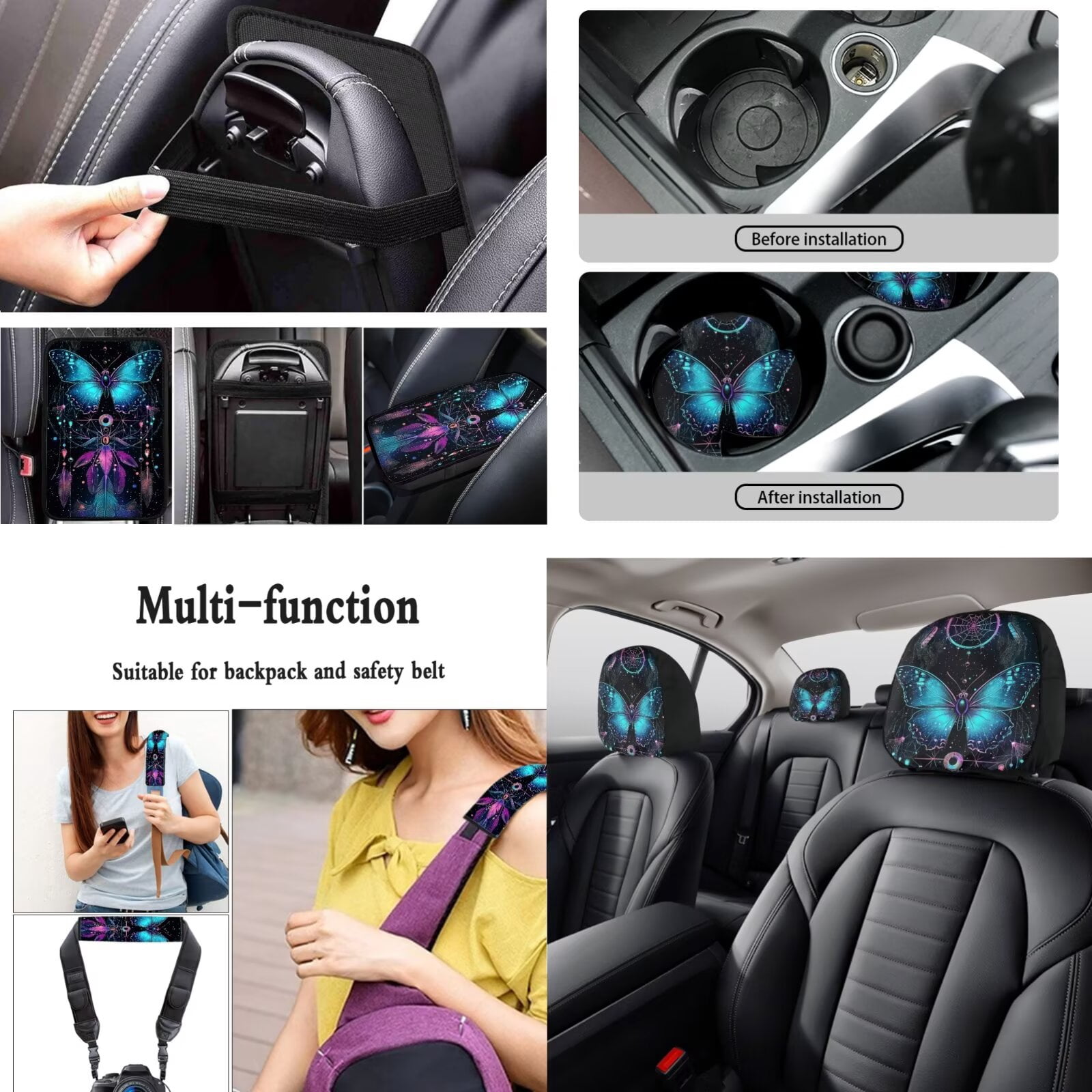 LedBack Butterfly Printed Auto Seat Protector Dreamcatcher Printed Car Seat Cover Full Set Steering Wheel Covers Seat Belt Strap Cover Car Headrest Covers Auto Accessories for Men Women, 15 Pcs