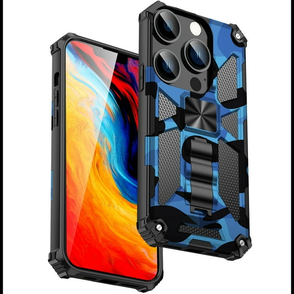 Bealkimm for iPhone 14 pro 6.1 inch Case, Camouflage Design Military Grade Hard Back Heavy Duty Shockproof Advanced Protective,Shockproof Raised Edges, Built-in Kickstand and Magnet(Blue)