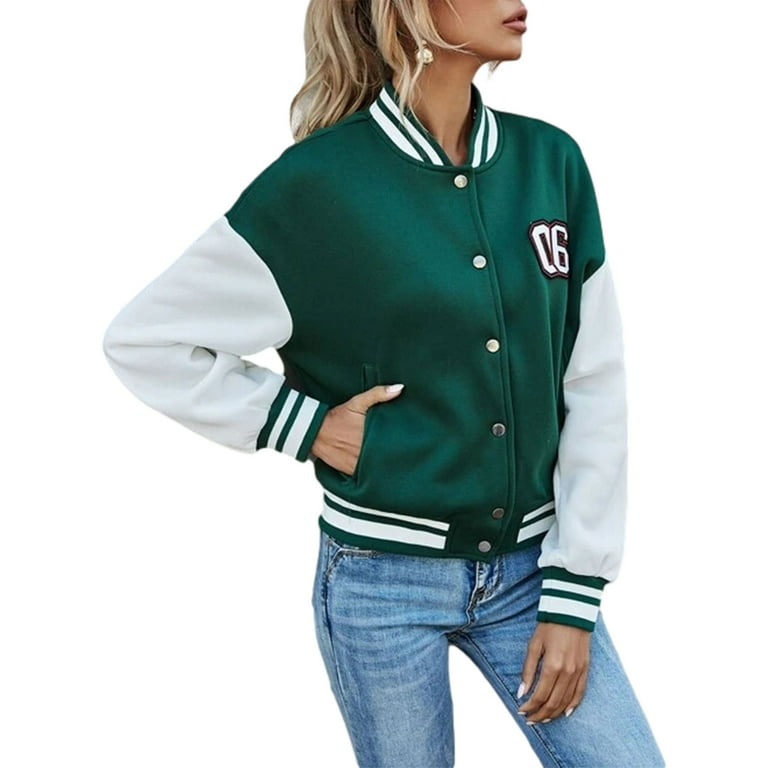 WYLZZZNB09 Women Varsity Jacket Coat Winter Long Sleeve Green Baseball  Jacket Fashion Jacket