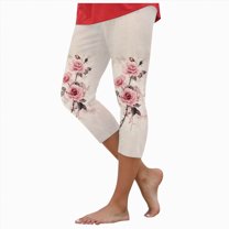 HCNTES Women Floral Print High Waist Capris Knee Length Slim Fit Yoga Cropped Trousers(Rose Gold,L)
