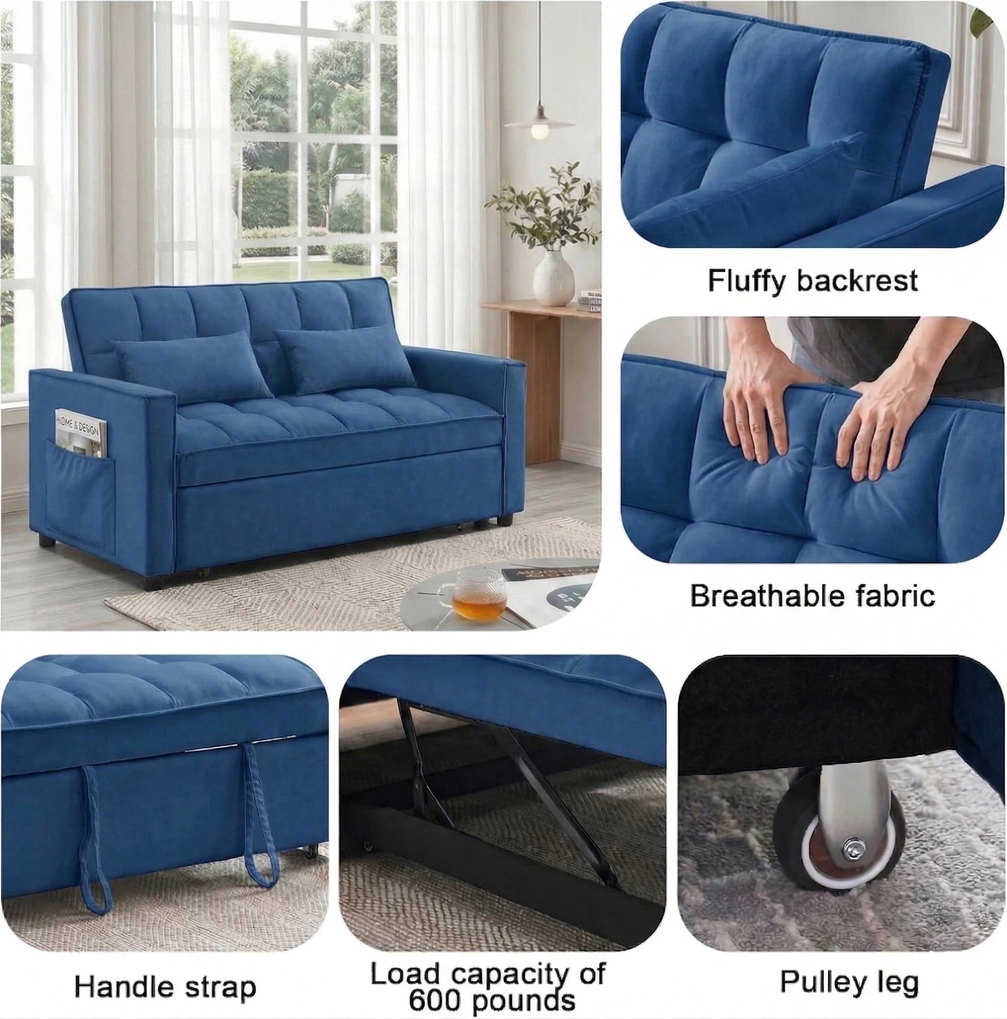 Avobird 3-in-1 Velvet Convertible Sleeper Sofa, Pull Out Couch Bed with Adjustable Backrest & Storage, Blue