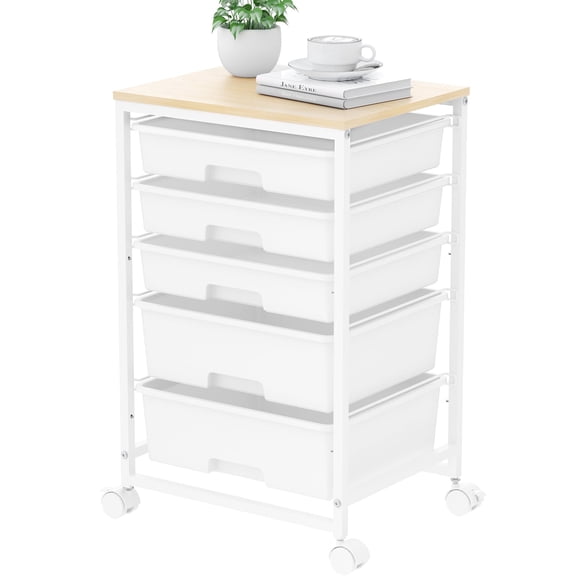 KK KINGRACK Rolling Cart with 5 Drawers, Storage Drawer Cart with Wooden Tabletop, Metal & Plastic, White