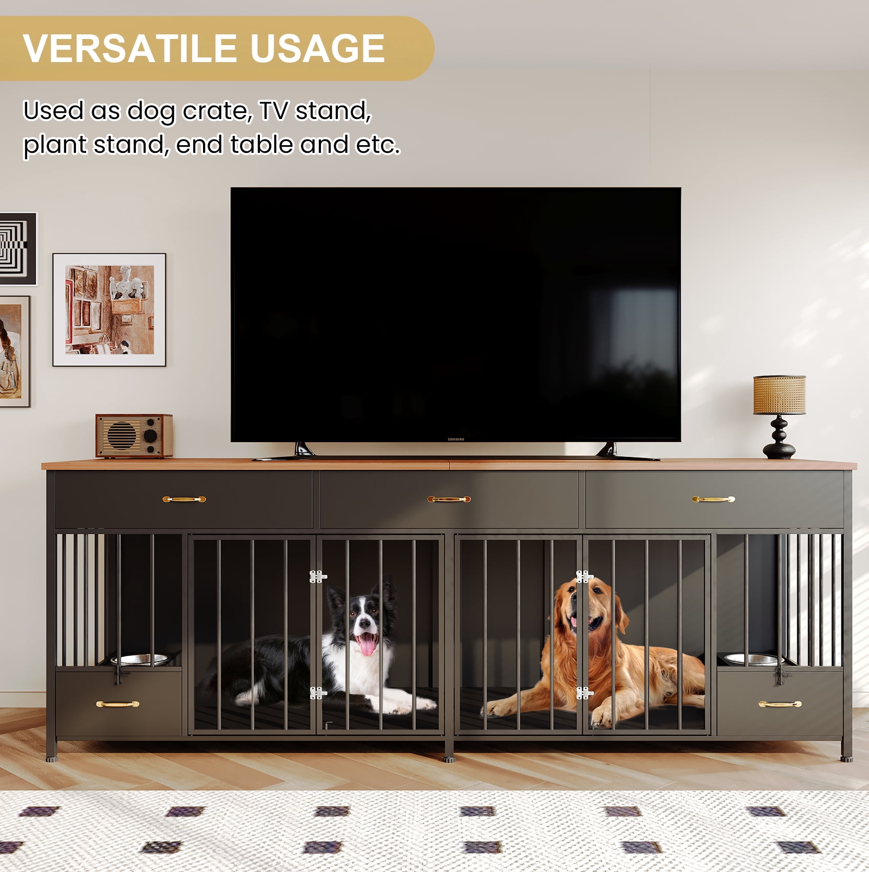 MOWPEX Extra Large Dog Crate Furniture with Feeder & 3 Drawers, 91.6" L, Heavy Duty Double Dog Kennel Furniture for Small, Medium & Large Dogs, Sturdy Black Pet Crate Table with Storage