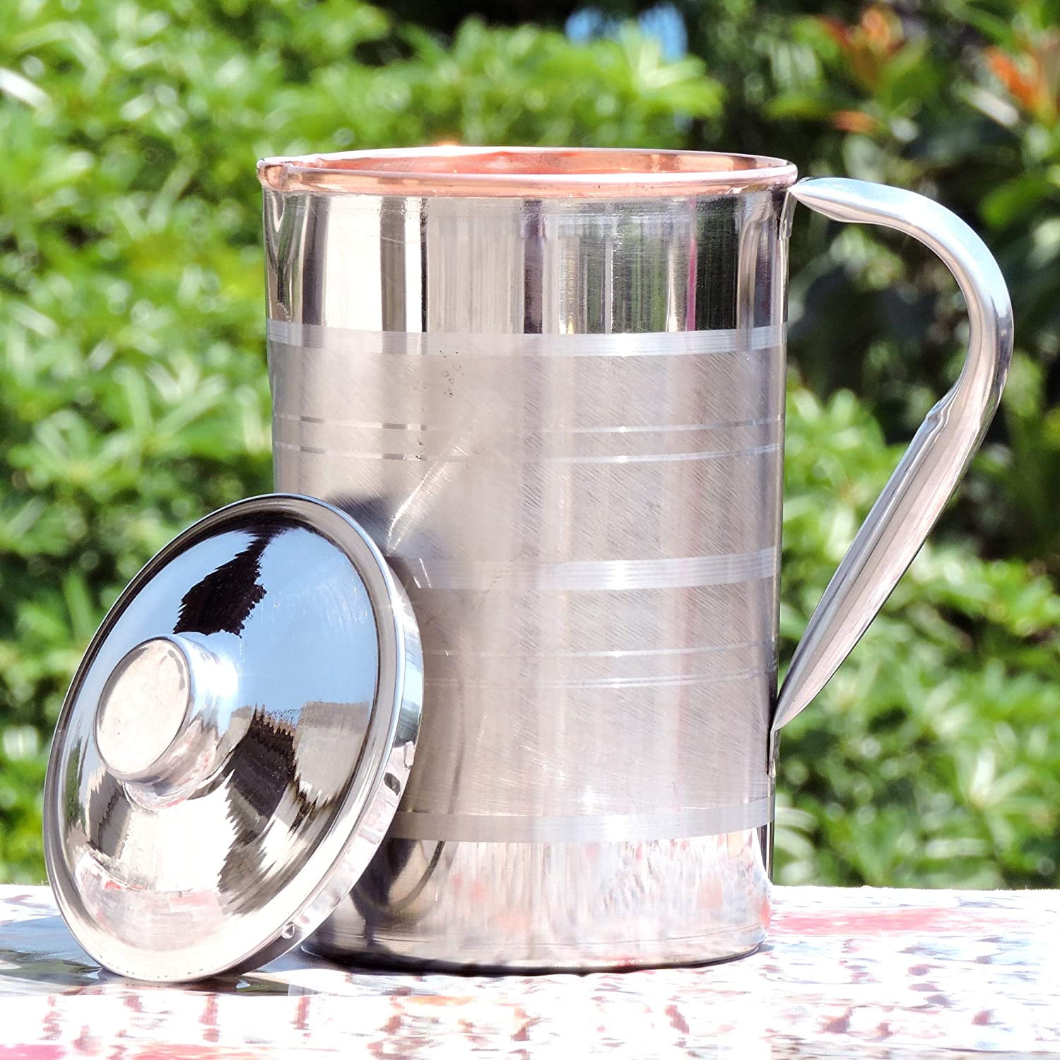 Outer Stainless Steel and Inner Copper Pitcher with Lid UNLINED, UNCOATED and LACQUER Free, Carries 1.7 Lt. (57.48 US Fl Oz) Water