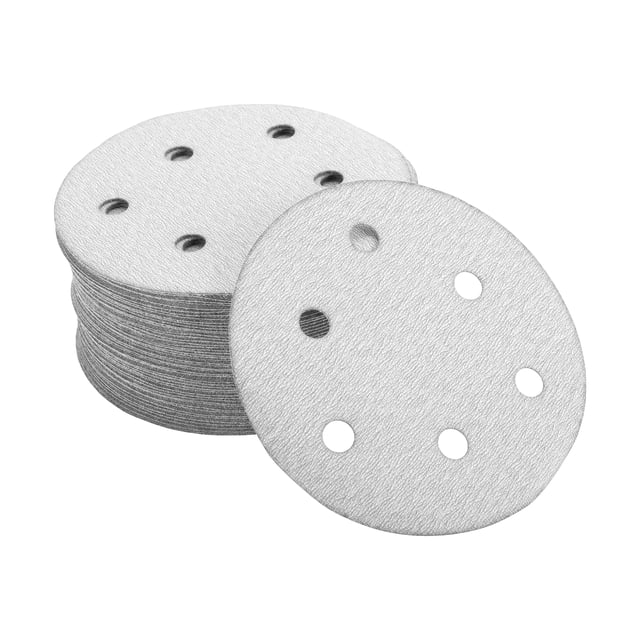 Discos de Lija Unique Bargains, 4.92" 6 Agujeros 800 Grano para Reparación Automotriz, Papel de Lija Redondo con Gancho y Bucle de Óxido de Aluminio Blanco, 50 Pcs