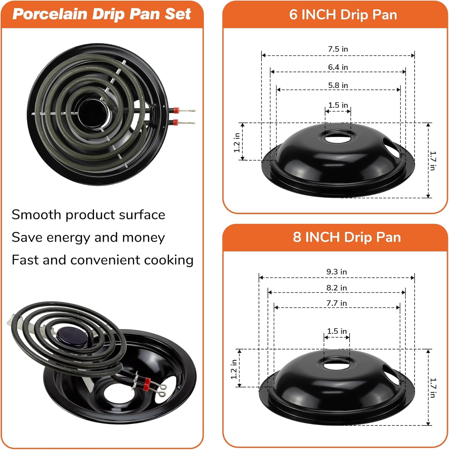 Electric Stove Range Burner Element MP22YA and Black Porcelain Drip Pans 318067041 318067051 Replace 5304430149 5304430150 Compatible with Frigidaire Ken-more | Upgrade by
