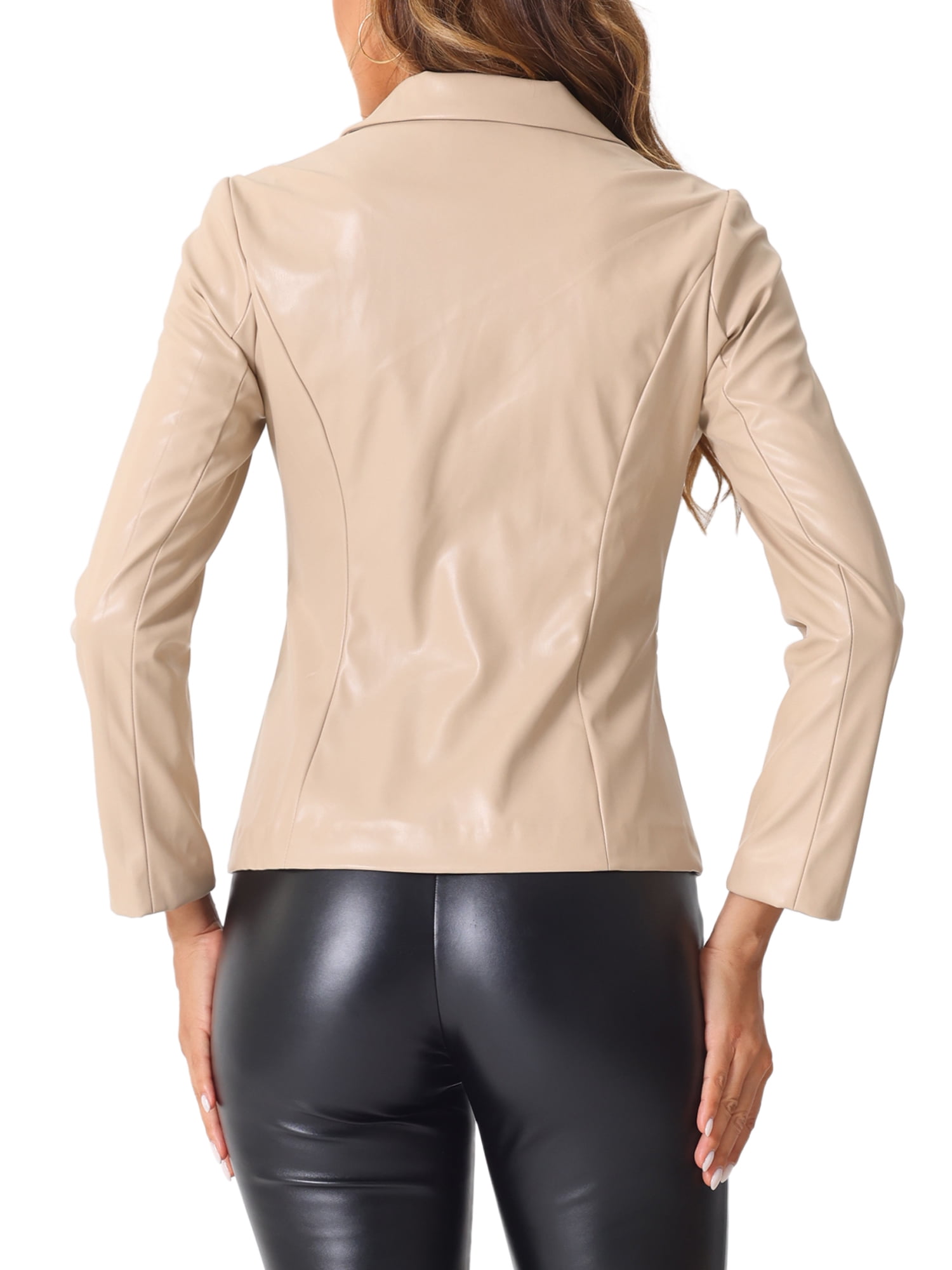 INSPIRE CHIC Women's Faux Leather Jacket Notched Lapel Button-Down Blazer Coat with Pockets S Beige