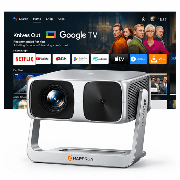 HAPPRUN 2500 ANSI Official Licensed Google TV Smart Projector, Outdoor Movie Projector with WiFi & Bluetooth, 4K Decoding, Auto Focus, Built-in Apps, for Home Theater, Bedroom & Ceiling,Camping