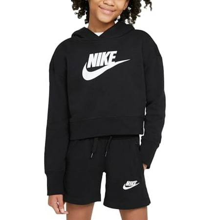 Nike Girl's Sportswear Club Fleece Crop Hoodie (Little Kids/Big Kids) Black/White S (8-9 Big Kid)