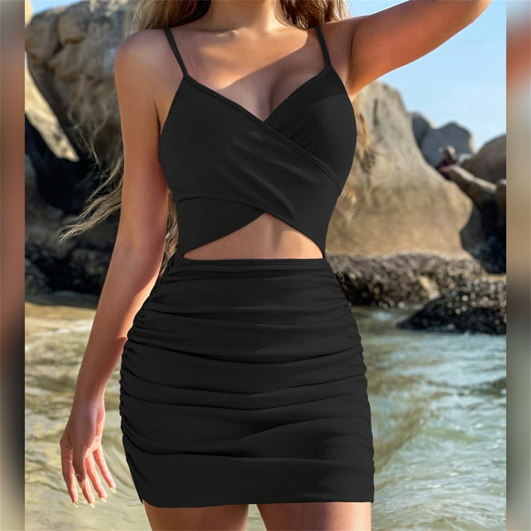 Wycnly Dresses for Women Night Club Sexy Cut-out Ruched Bodycon Cami Dresses  V-Neck Sleeveless Solid Summer Mini Formal Dress Black l - Walmart.com