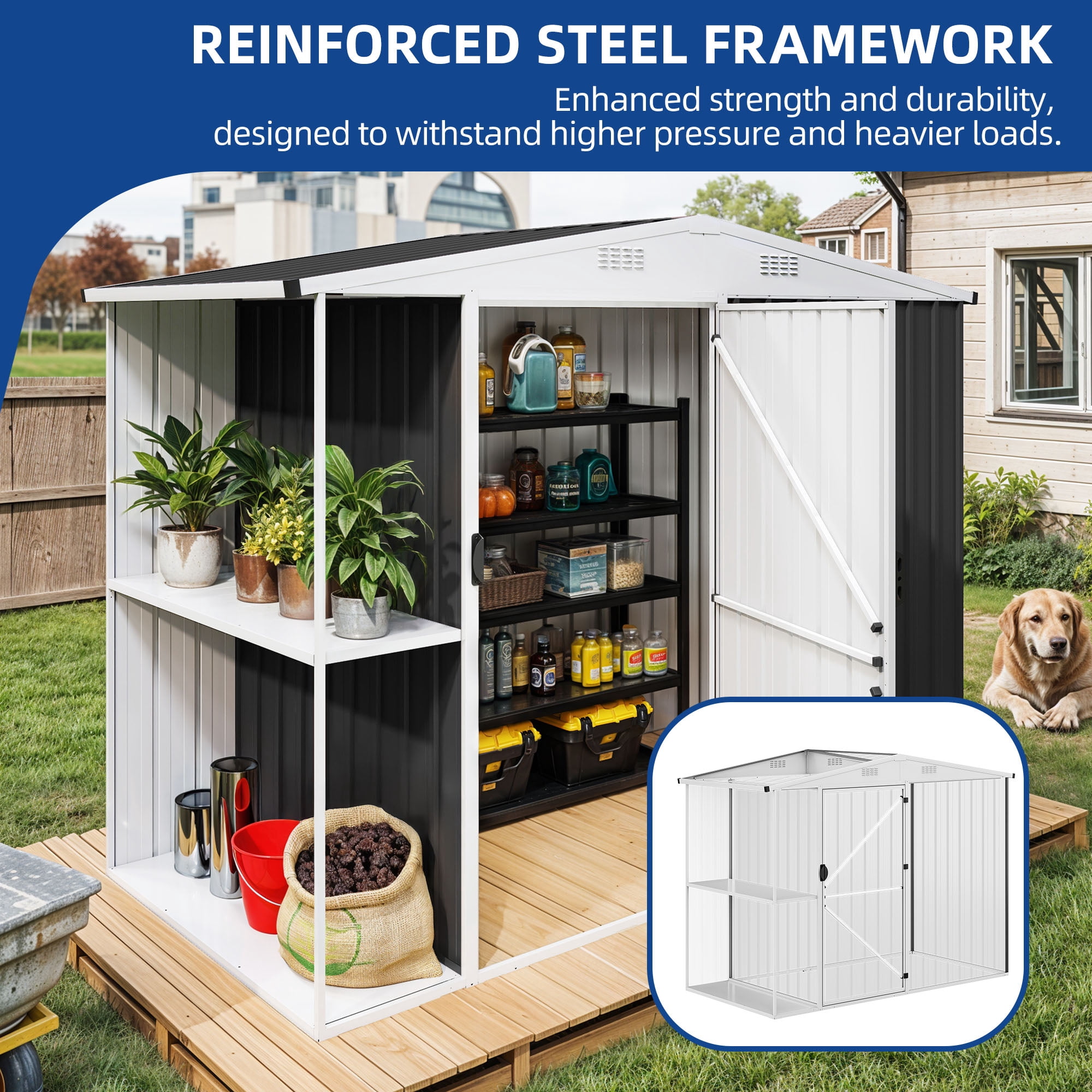 Uforic 8x4 FT Oversized Steel Storage Shed with Ventilation, Lockable Doors, and Sloped Roof for Outdoor, Dark Gray
