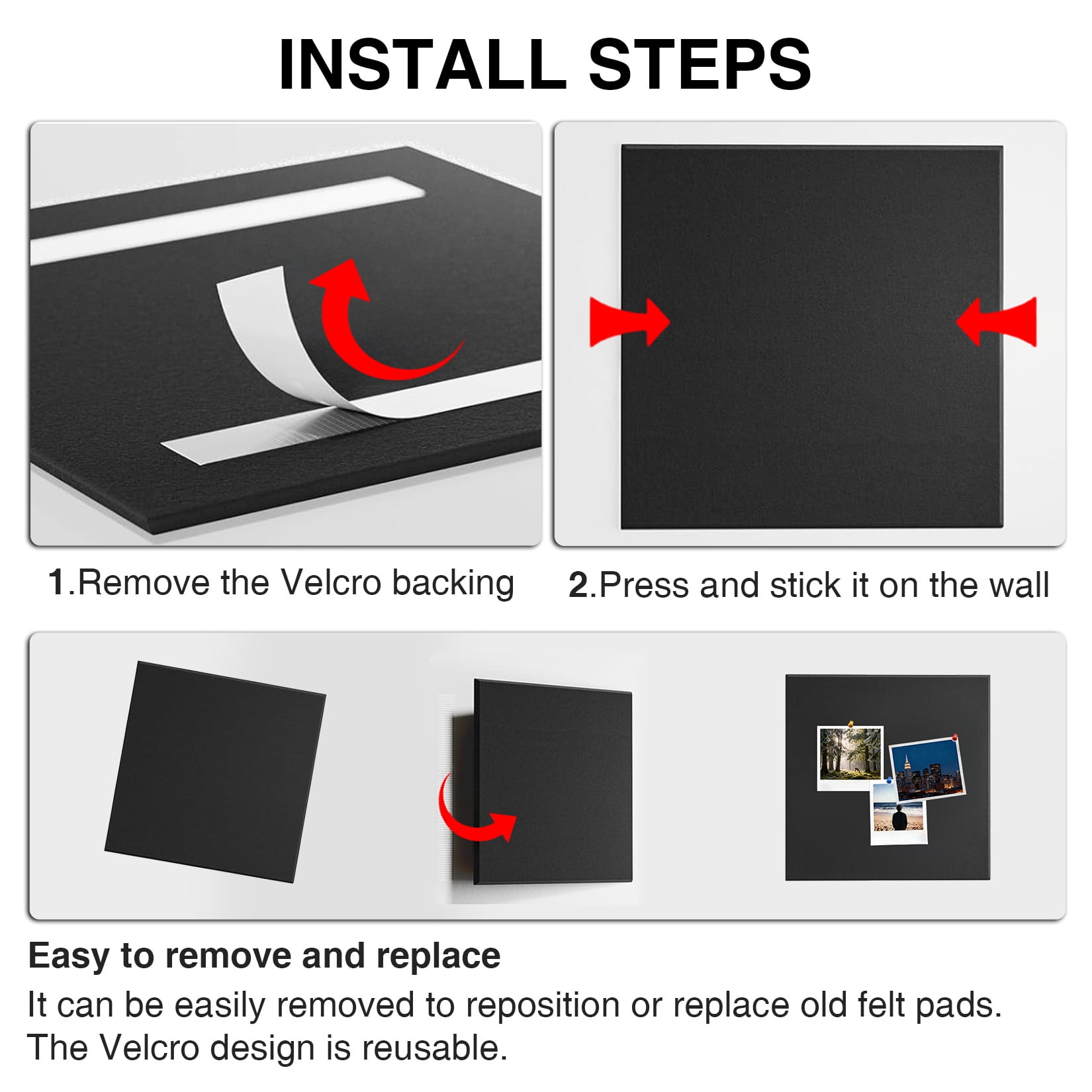 15 Pack Felt Bulletin Board Tiles, 11.8 x 11.8 inch Self-Adhesive Pin Board Panels with 30 Push Pins, Thick 0.35 inch Sound Absorbing Wall Tiles for Office, Home & Classroom, Black