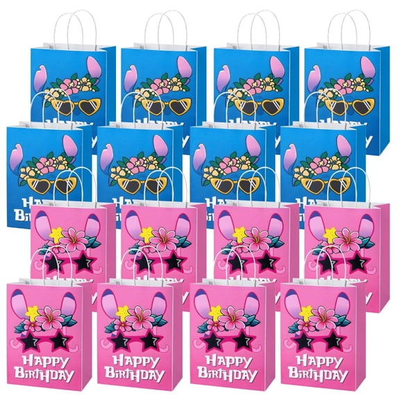 16Pcs Hawaiian Blue Pink Party Favor Bags with Handles Candy Bags for Birthday Party Hawaiian themed Goodie Treat Paper Handbag for Summer Tropical Party Supplies Birthday Decorations