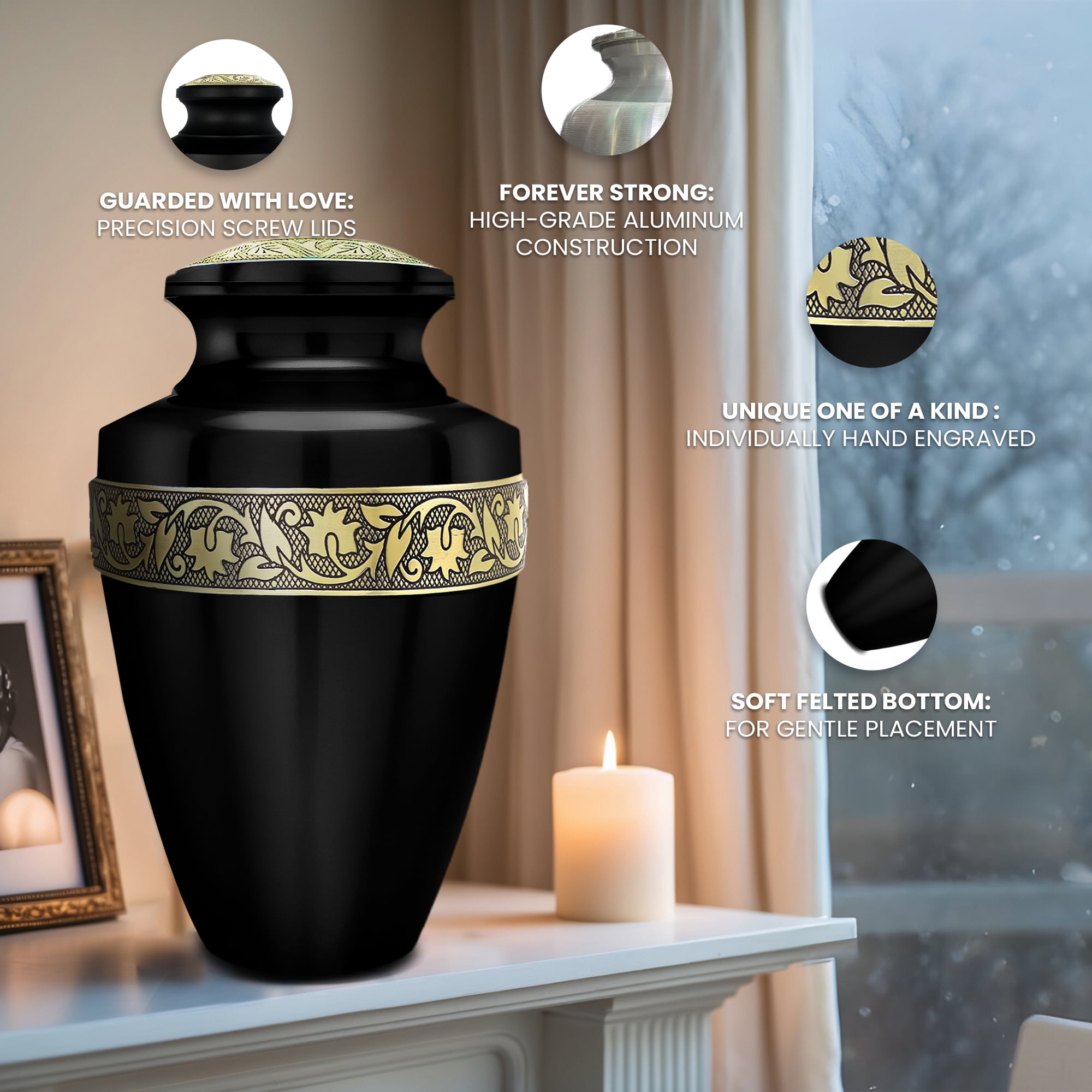 Black Aluminum Cremation Urn Set – 6-Piece Memorial Collection with Large Adult Cremation Urn and Mini Keepsake Urns for Human Ashes, Handcrafted Tribute