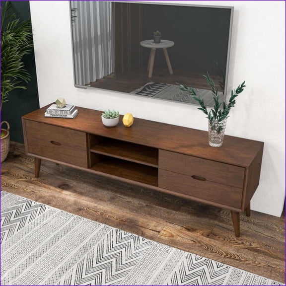 TV Furniture Mid-Century Modern 71-Inch Solid Wood TV Stand with Storage | Walnut Brown | TV Size Ranges 70-79 Inches