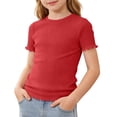 thumbnail image 2 of Yanlir Girls Ribbed Lace Trim Fitted Round Neck Short Sleeve Tee 1 Pack Summer for Kids 5 -16 Years Soft Summer Fashion Crewneck Tees Basic Tops, 2 of 8