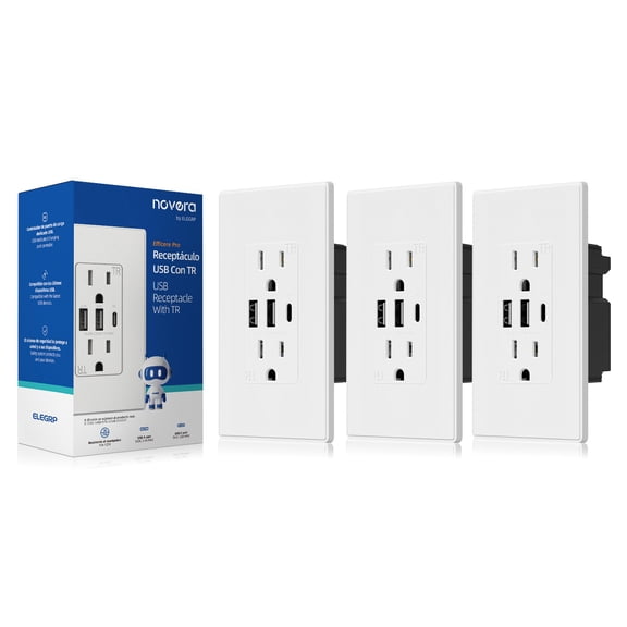 ELEGRP 30W 6.0 Amp 3-Port USB Wall Outlet, 15A Duplex Receptacle with Dual Type A & C Ports,UL Listed,w/Srewless Wall Plate, Matte White 3PC