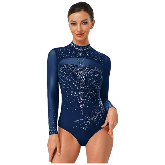 Hansber Women's Sparkly Rhinestone Gymnastics Leotard One Piece Long Sleeve Ballet Dance Bodysuit Navy Blue M