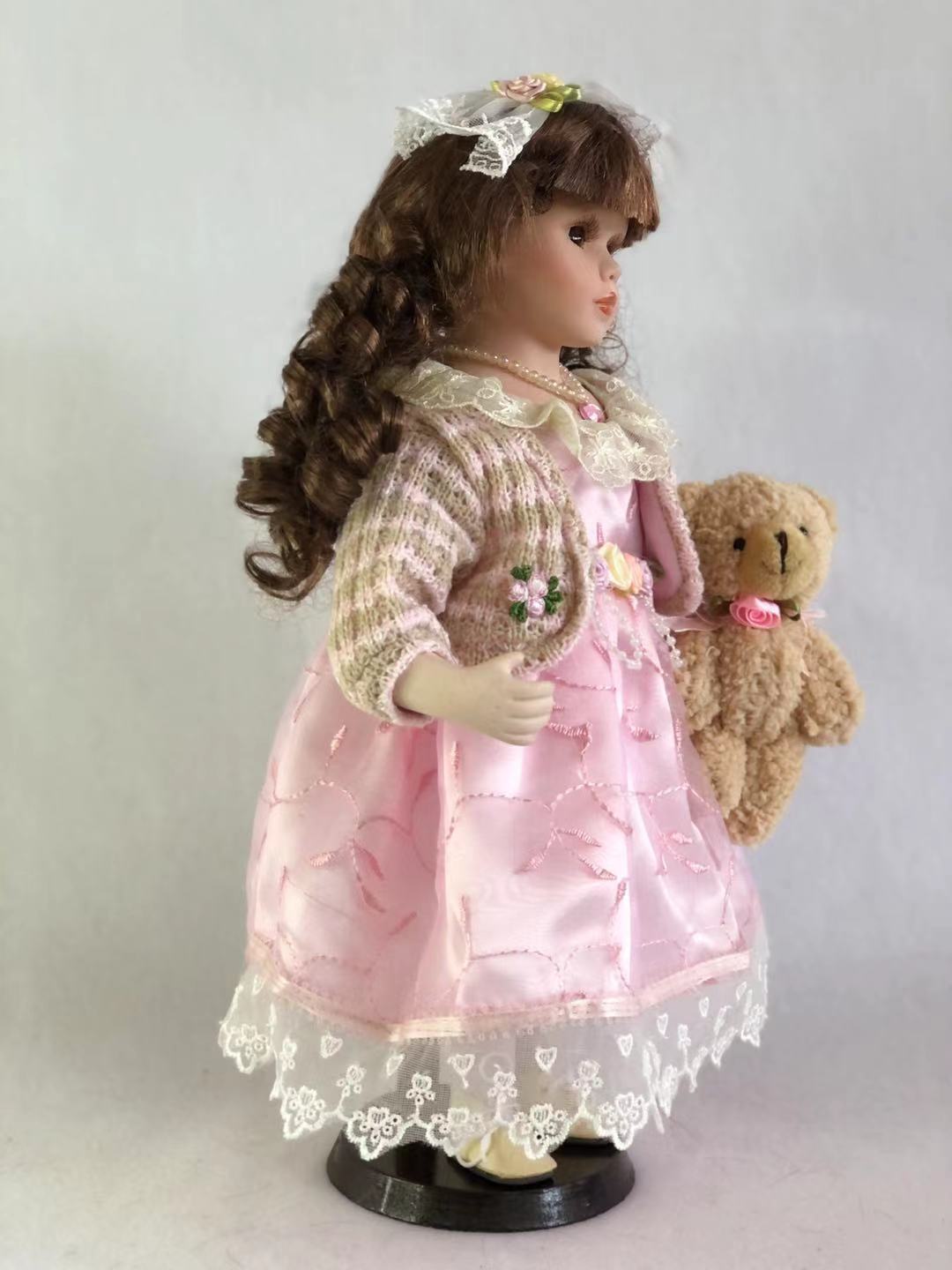 Jmisa 14" Porcelain Doll Pink Dress with Bear… - image 2 of 2