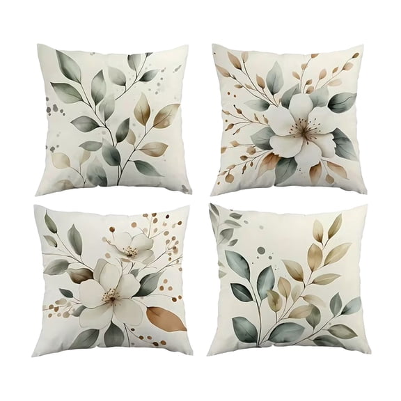 YingYouFu Floral Decorative Throw Pillow Cover White with Sage Green Leaves Set of 4 for Living Room & Outdoor Covers for Couch