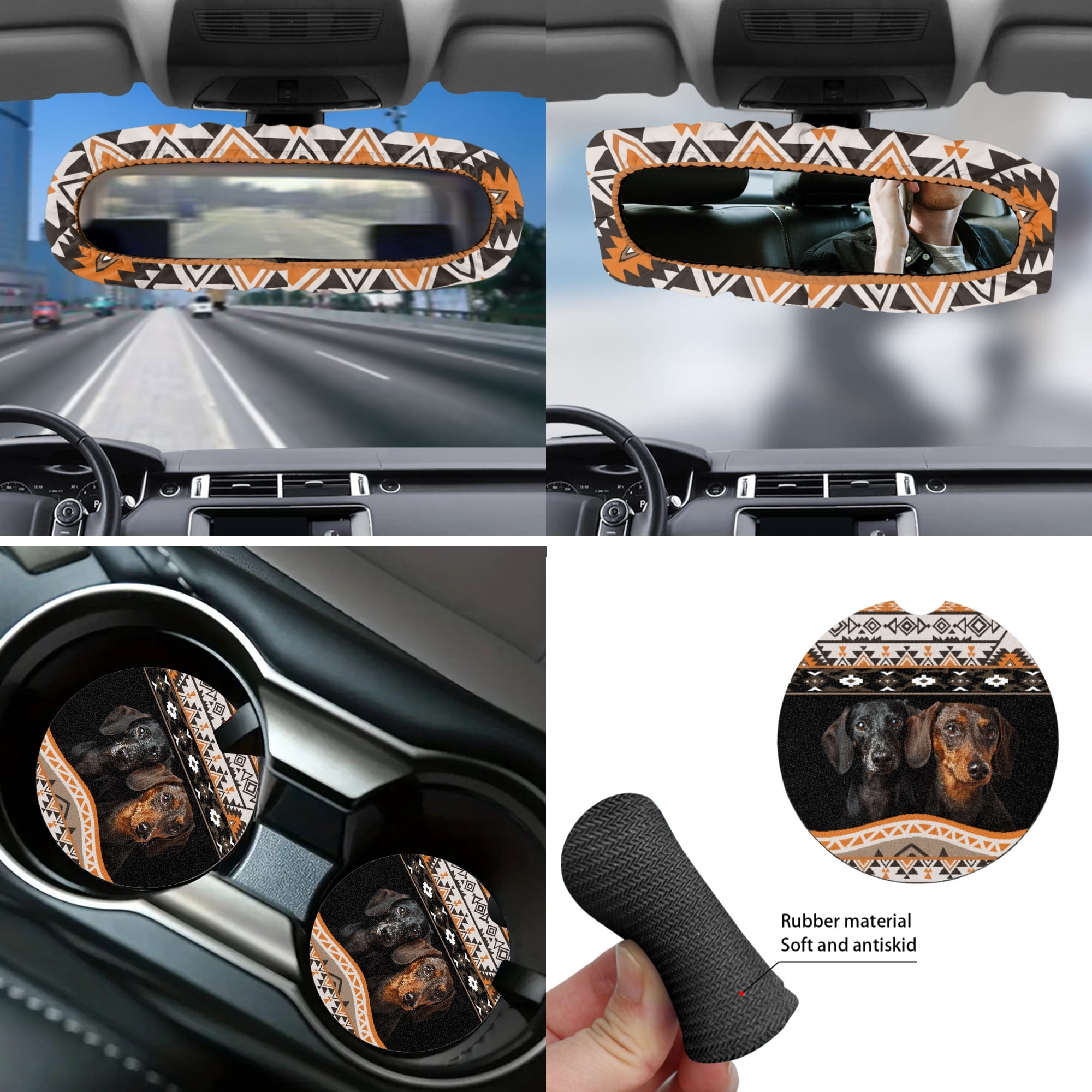 Jeiento Aztec Car Seat Cover Full Sets Steering Wheel Cover Car Trash Bin Seat Belt Pad Coasters Armrest Cover Handbrake Cover Dachshund Rearview Mirror Cover, Pack of 14 Auto Accessory