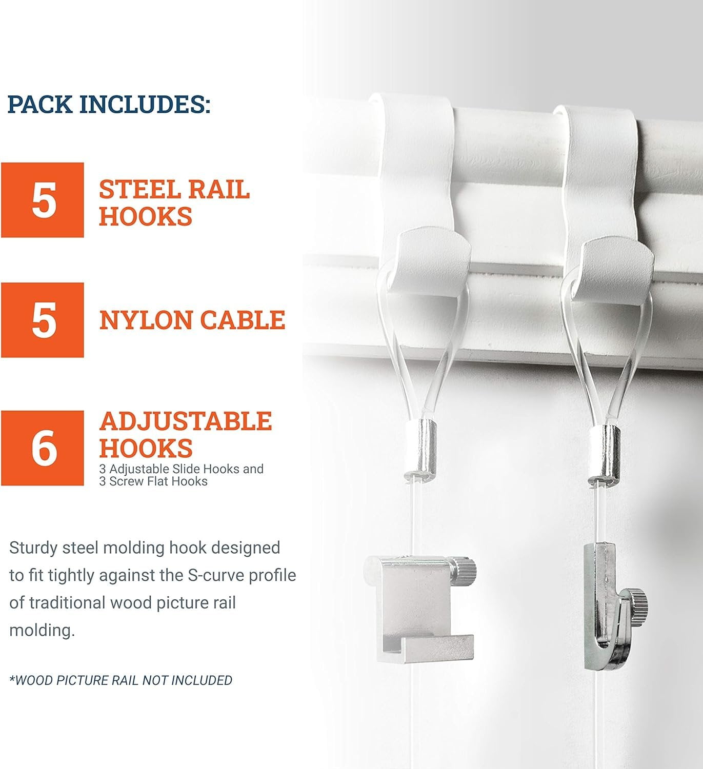 Picture Hang Solutions - White Picture Rail Molding Hooks and Invisible Wire - Gallery Hanging System - Includes Nylon Cord and Adjustable Hooks 5 sets per pack