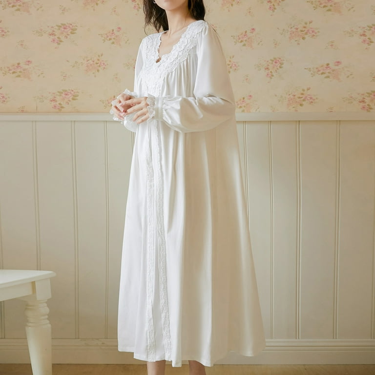 Homgro Women's Victorian Nightgown Cute Cotton Lace Bishop Sleeve Sleep  Shirt Long Pajama Dress Soft Frill V Neck Sleepwear Old Fashioned Vintage  Princess Nighty White Medium - Walmart.com